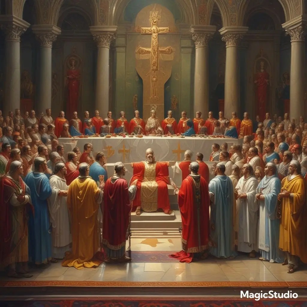 Emperor Constantine at Council of Nicaea determining official Christian doctrine and suppressing alternative gospels