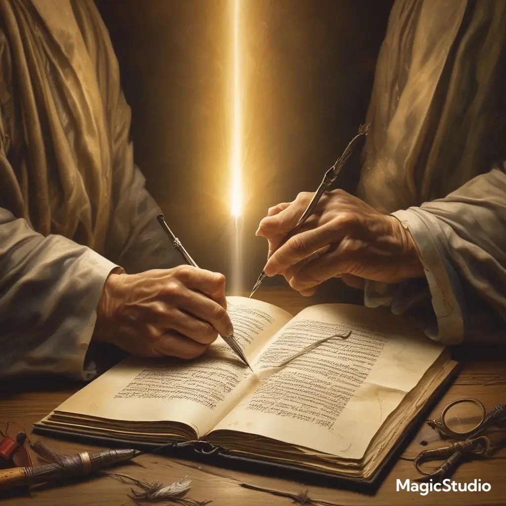 Ancient parchment with two hands writing different biblical texts, symbolizing multiple authors and conflicting narratives in scripture