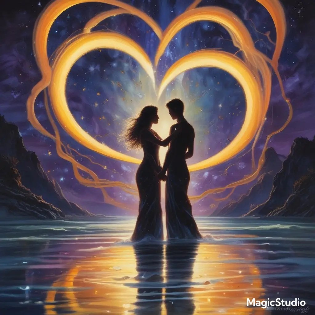 "Ethereal love artwork featuring two glowing soulmates intertwined, symbolizing balance and cosmic unity. Romantic fantasy illustration with celestial elements, soft golden light, and surreal relationship symbolism."