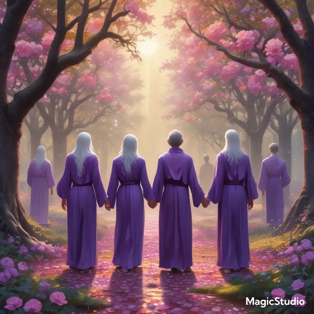 Diverse group of spiritual practitioners in white and purple robes forming a unity circle, with rose petals symbolizing healing and connection