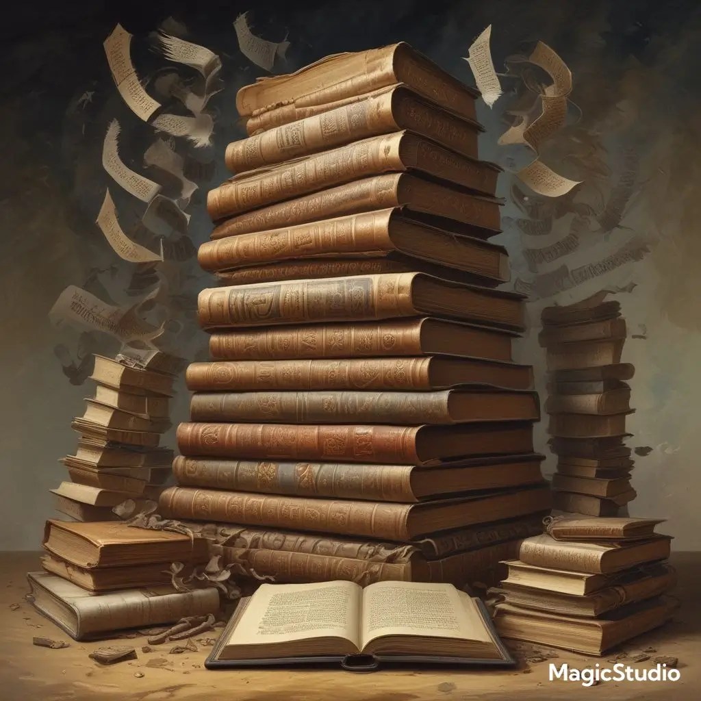 Stack of ancient Bibles and scrolls in multiple languages, symbolizing how translation changes biblical meaning over time.