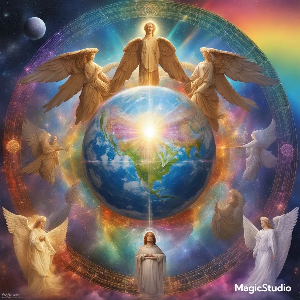 Earth surrounded by rainbow light shield with angelic guardians and sacred geometry