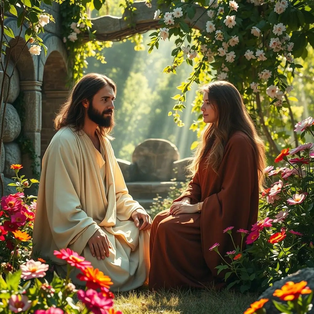 Artistic depiction of Jesus and Mary Magdalene in a moment of spiritual connection, symbolizing love, faith, and devotion."