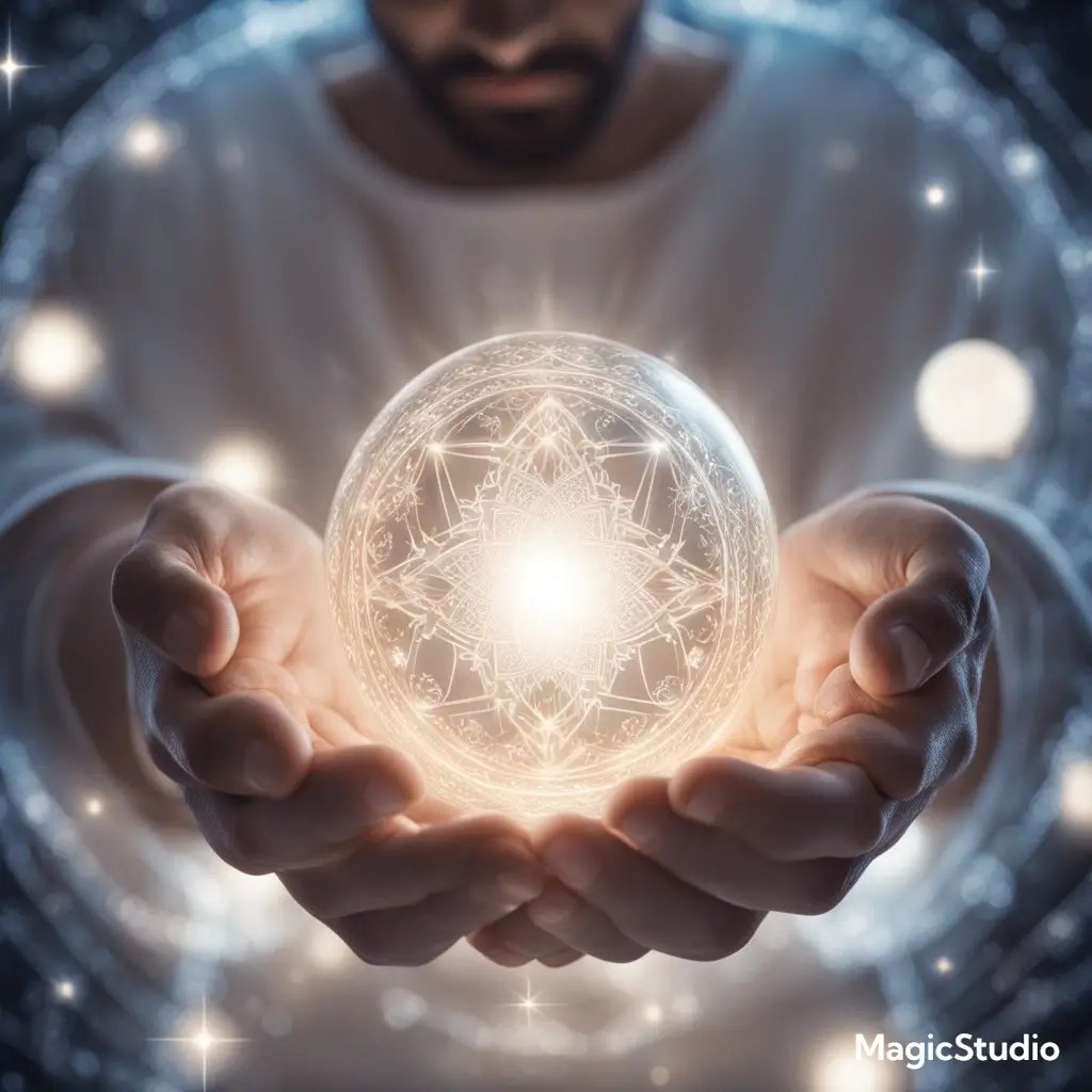 Lightworker hands holding orb of spiritual energy with sacred geometry patterns