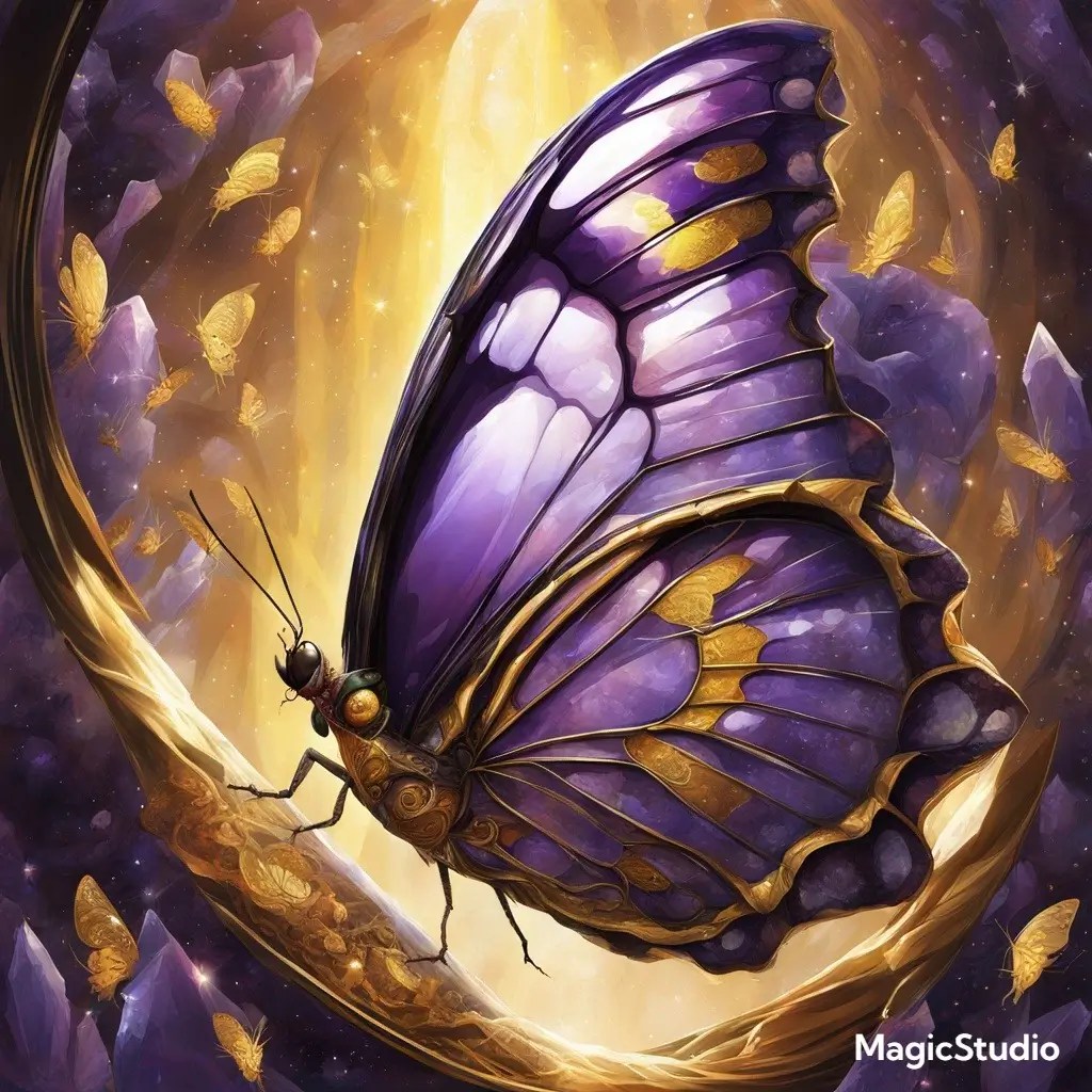 Spiritual transformation symbolized by crystal butterfly emerging into divine light