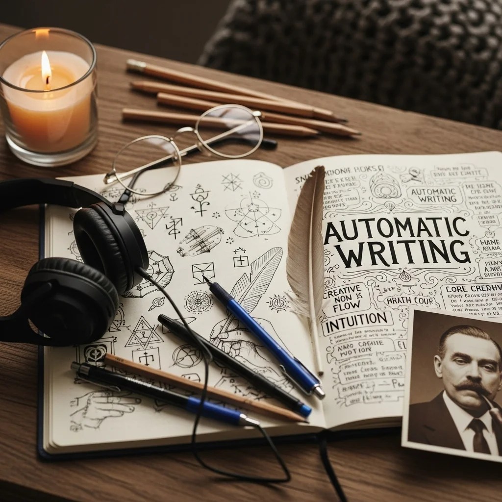 A workbook opened with a page saying "Automatic Writing" with pencils and pens on the side and a pair of headphones that are wireless. A candle that is light. A picture of a man smoking a pipe on the right upper corner of the workbook and a pair of glasses on the upper left corner of the workbook.