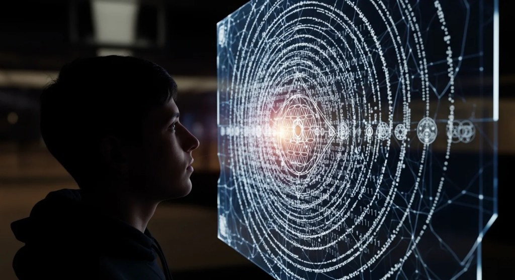 Conceptual illustration of algorithmic systems influencing human perception through symbolic spiral patterns