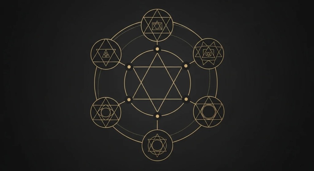 Abstract sacred geometry diagram representing the seven Hermetic principles in circular formation